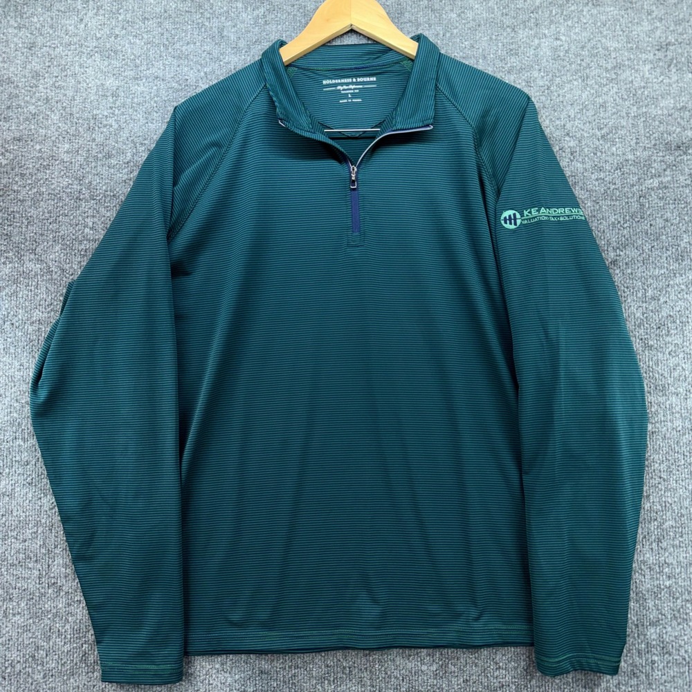 Holderness & Bourne Mens L Dry Luxe Performance 1/4 Zip Green‎ Stripe Pullover